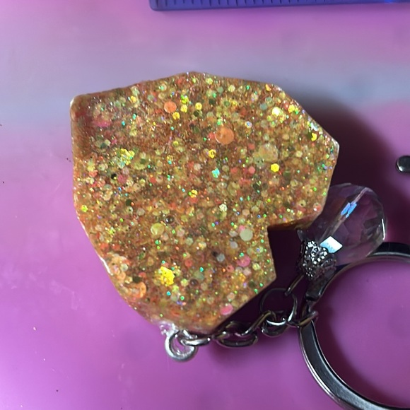 Hand crafted epoxy 3D heart key chain with yellow 2 inch pompom - Picture 5 of 5